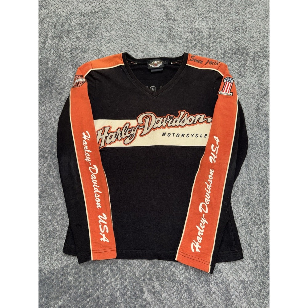 Harley Davidson Women's Black & Orange Logo Long Sleeve Shirt Size Small